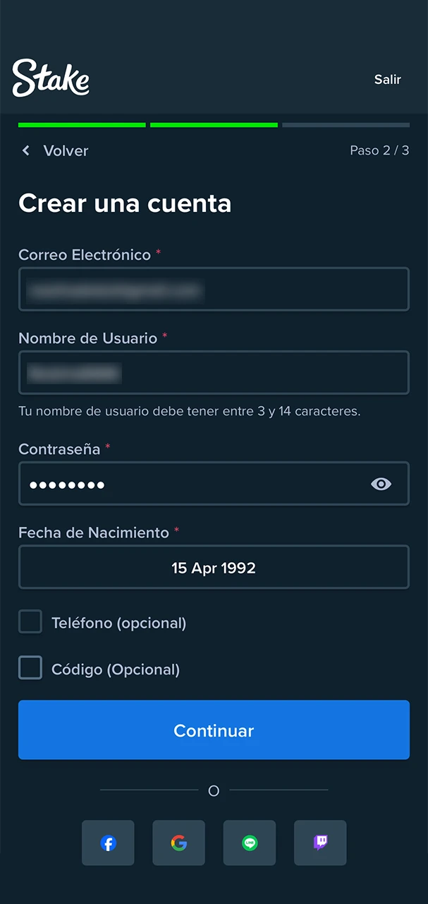 Introduzca los datos válidos necesarios para registrarse en Stake.