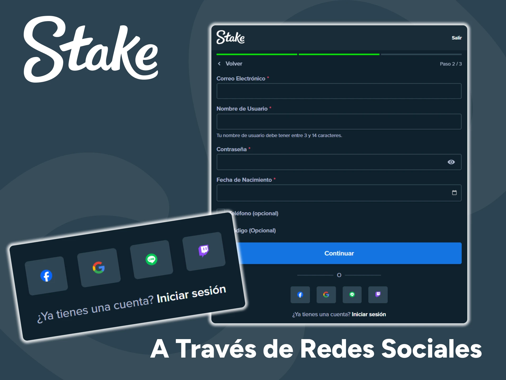 Puedes registrarte fácilmente en Stake con tus redes sociales.