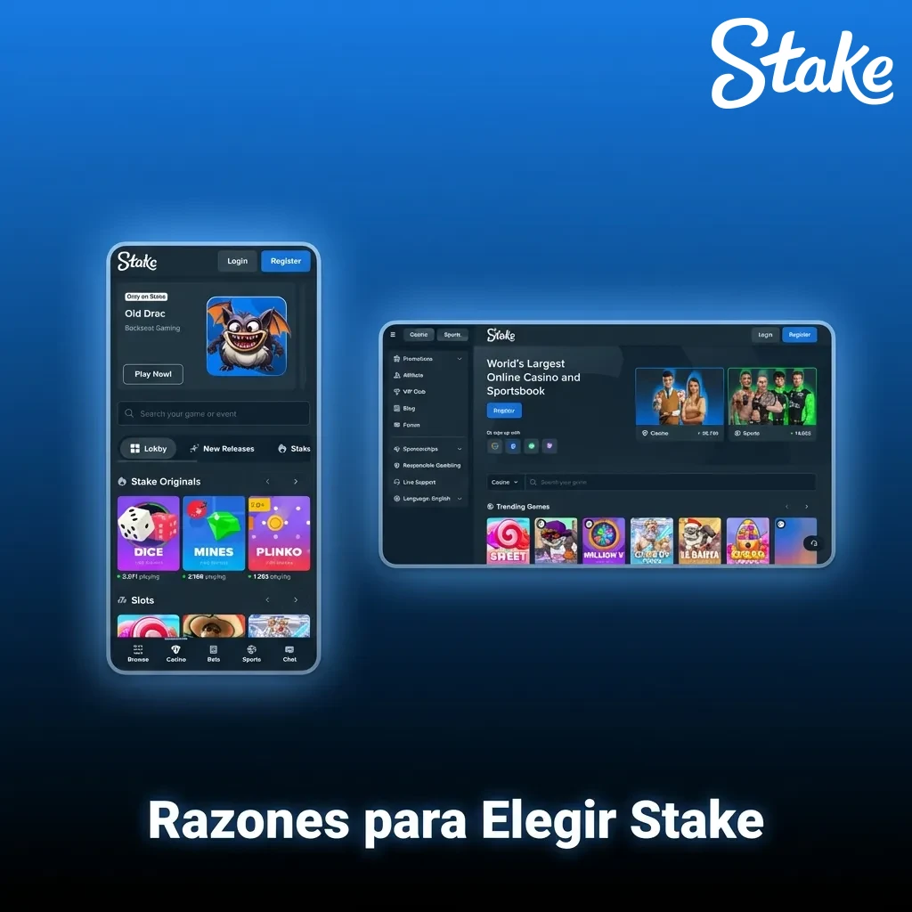 Stake casino logo with cryptocurrency symbols and game icons highlighting transparency, instant payments, and 3,000+ games