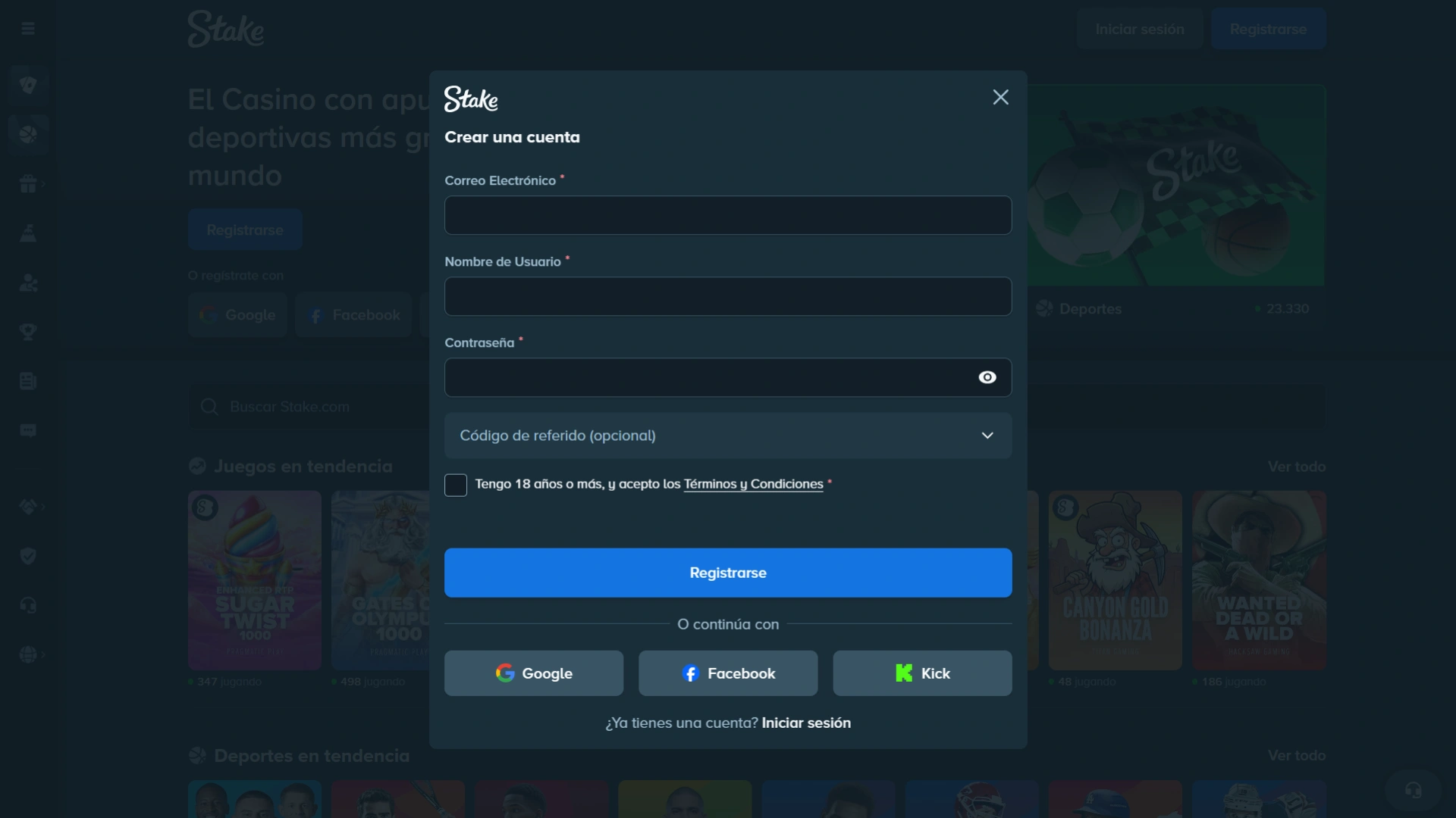 Regístrate rápidamente en la página web de Stake.