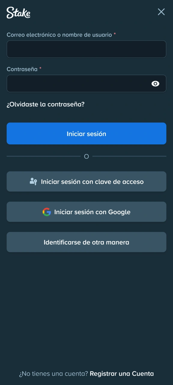 Inicia sesión en tu cuenta de Stake con tus datos de acceso.