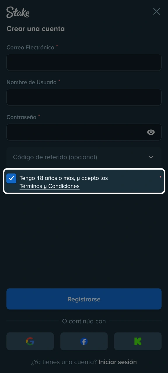 Acepta las condiciones para completar el proceso de registro en Stake.