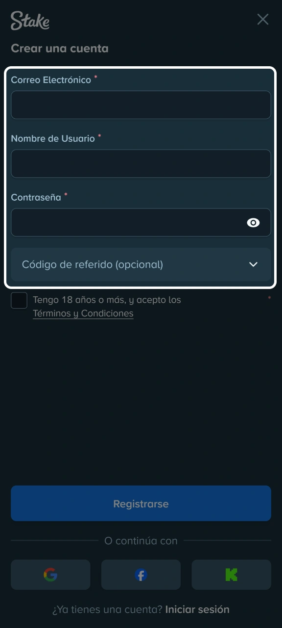 Introduce tus datos personales para registrarte en Stake.