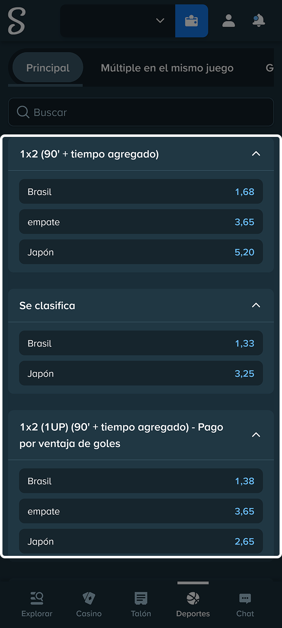 Elegí tu mercado preferido, ya sea ganador del partido, hándicap, total de goles o puntos en Stake.