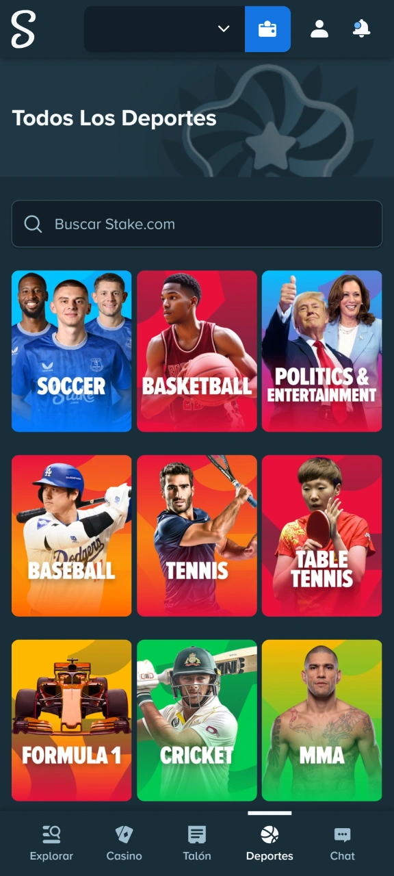 Seleccioná el deporte y el evento en el que quieras colocar tu pronóstico dentro de la grilla de Stake.